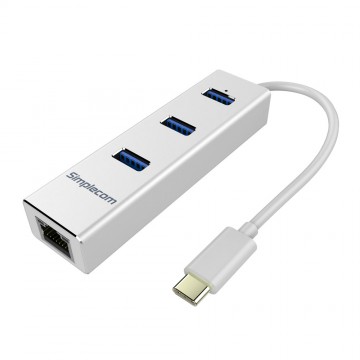 Simplecom CHN411 Aluminium USB Type C to 3 Port USB 3.0 Hub with Gigabit Ethernet Adapter