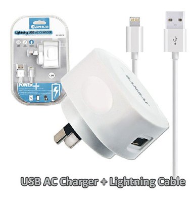 USB Port Adapter Wall Charger 5V 2.1A AC w/ Lightning Cable